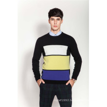 Rib Knit Round Neck Men Intarsia 100%Cashmere Sweater